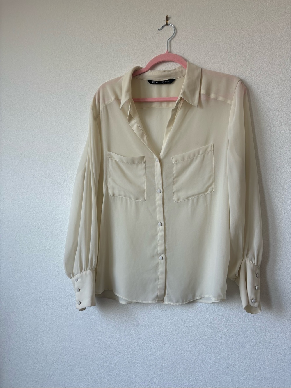 Zara Sheer Cream Long-Sleeve Button-Down Shirt with Chest Pockets